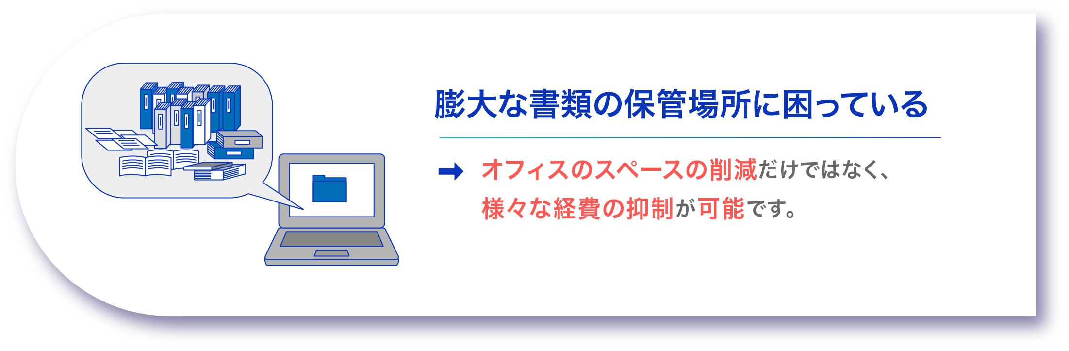 膨大な書類の保管場所に困っている オフィスのスペースの削減だけではなく、様々な経費の抑制が可能です。